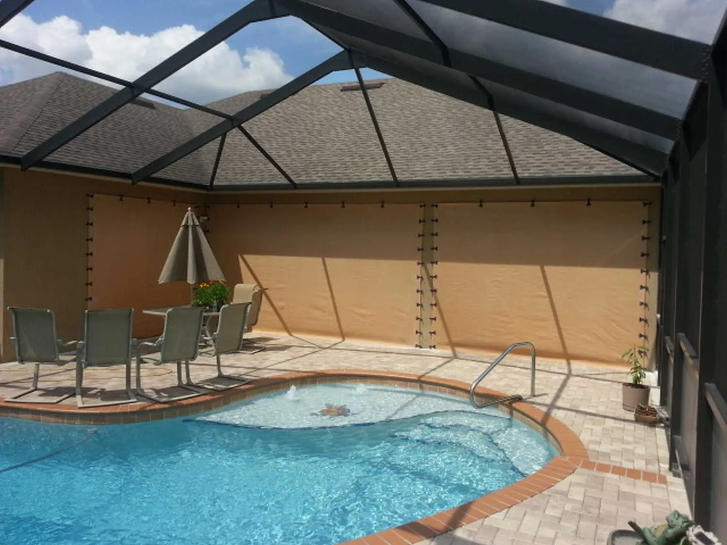 AstroGuard hurricane fabric on lanai and outdoor terrace — Cabo San Lucas hurricane protection
